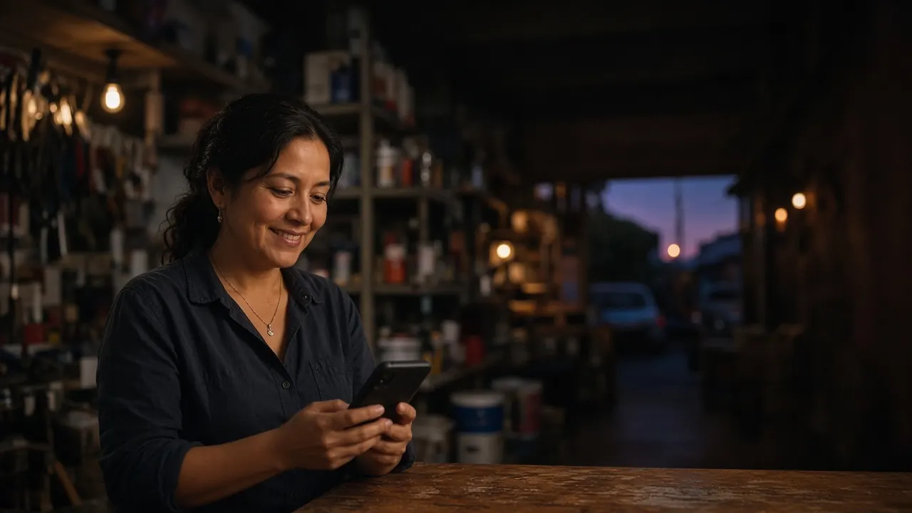 Dueña de una tlapalería en México revisando en su celular un prospecto que Sofía atendió