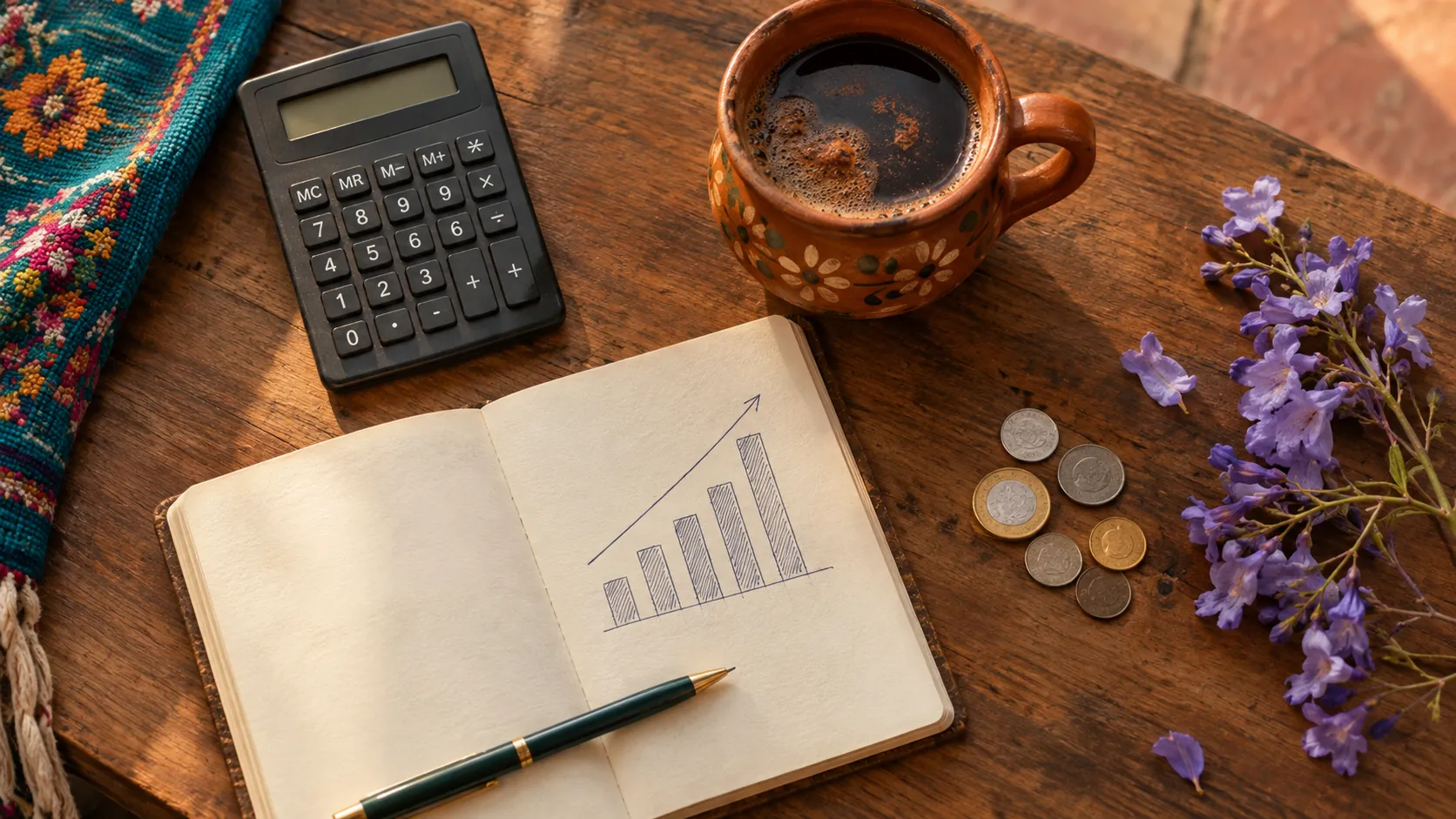 Calculadora y libreta sobre una mesa de madera