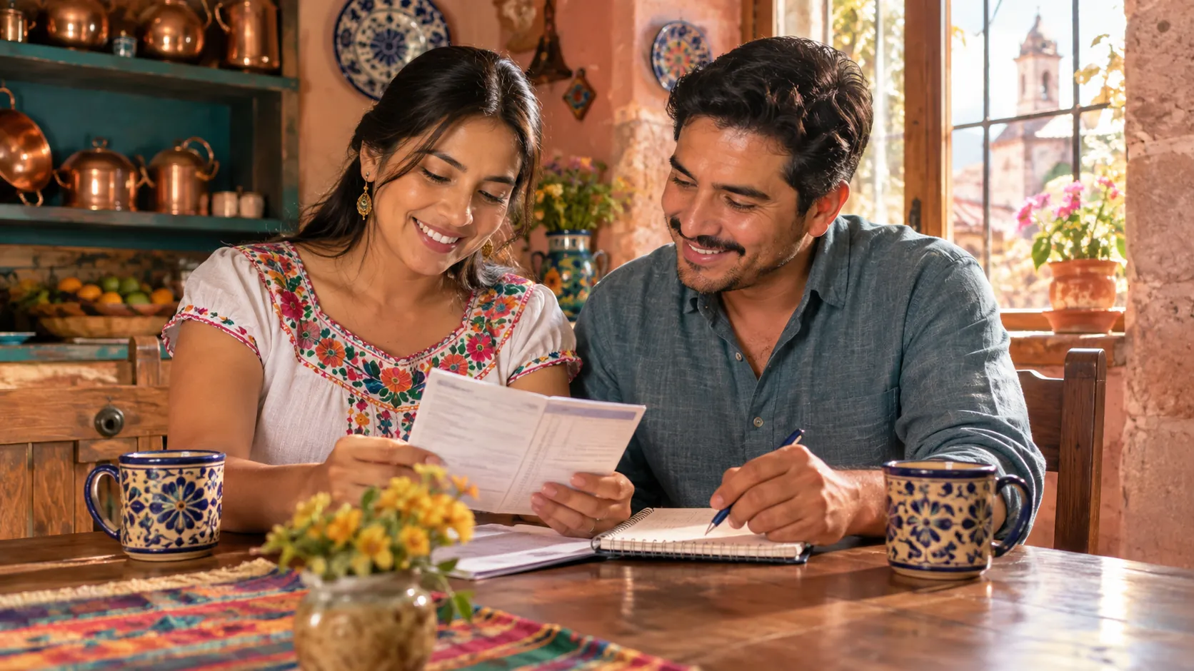 Pareja revisando su libreta de ahorro en casa