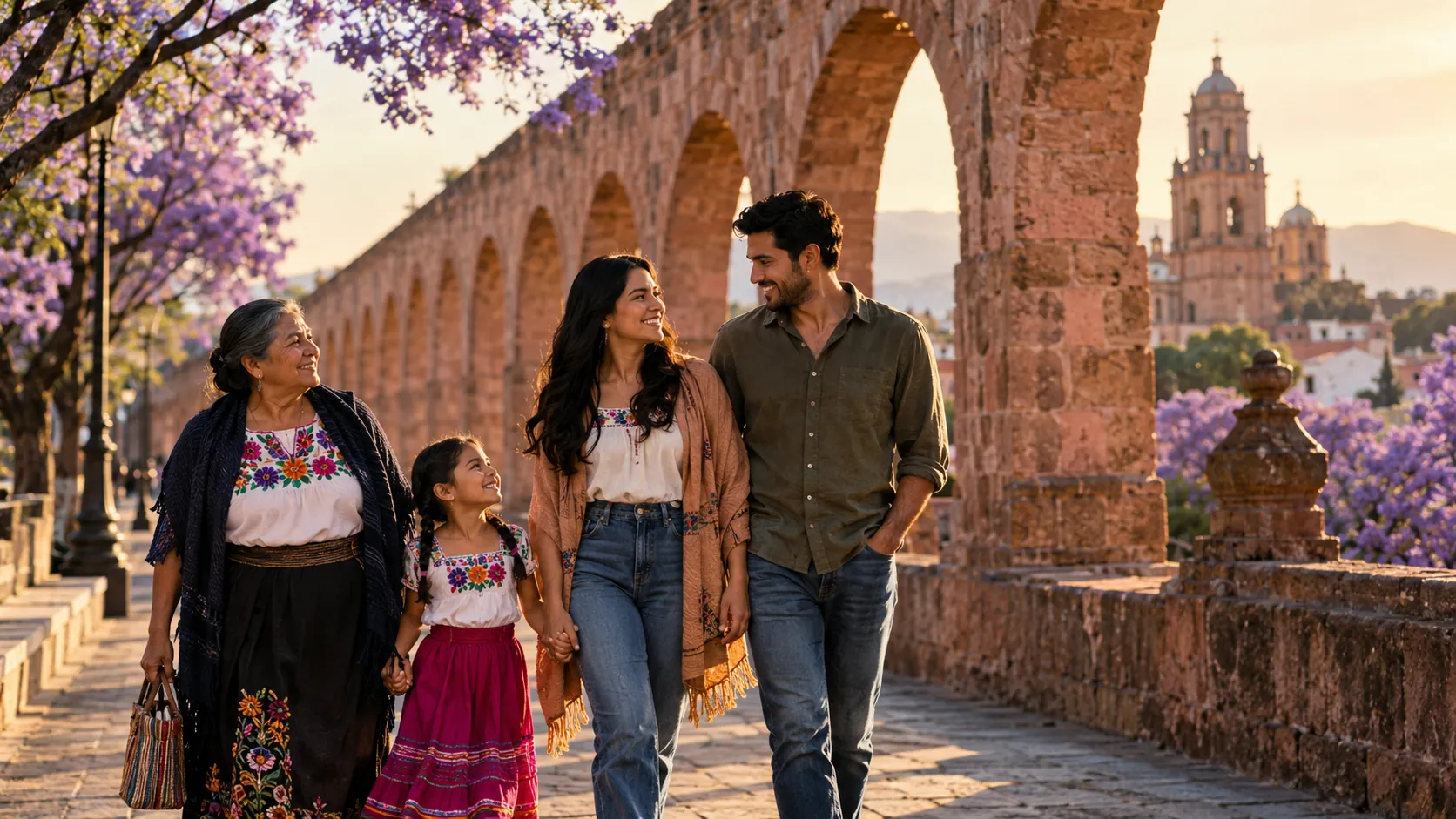 Familia caminando junto a un acueducto de cantera rosa