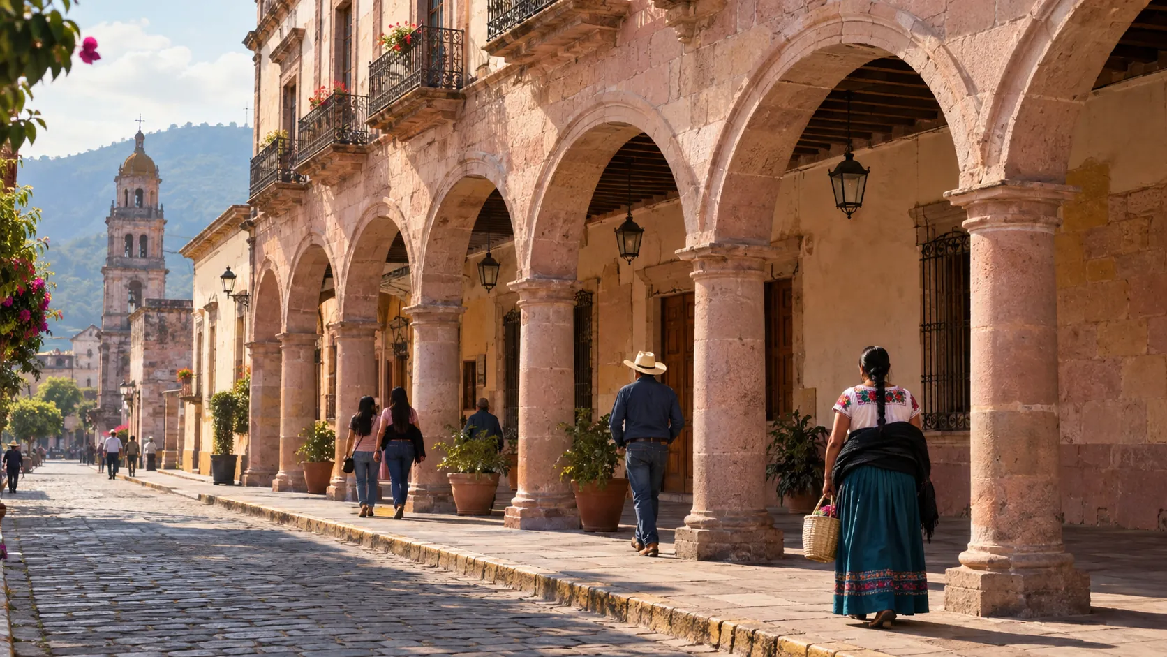 Portales de cantera rosa en un pueblo de Michoacán