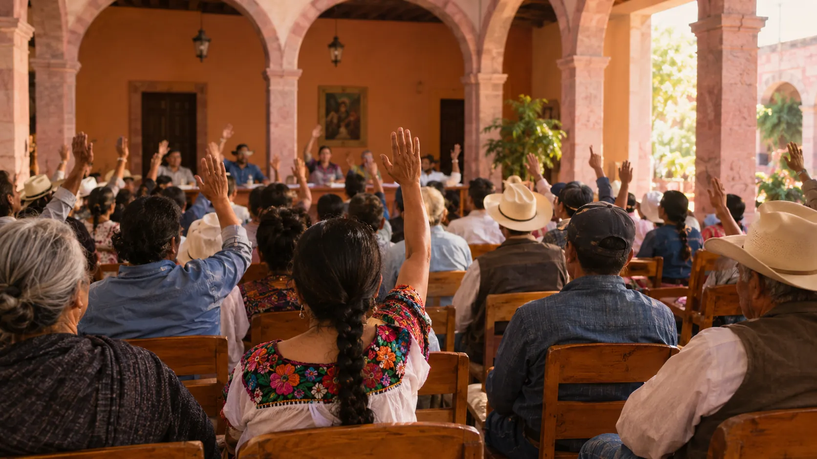 Asamblea de socios votando a mano alzada